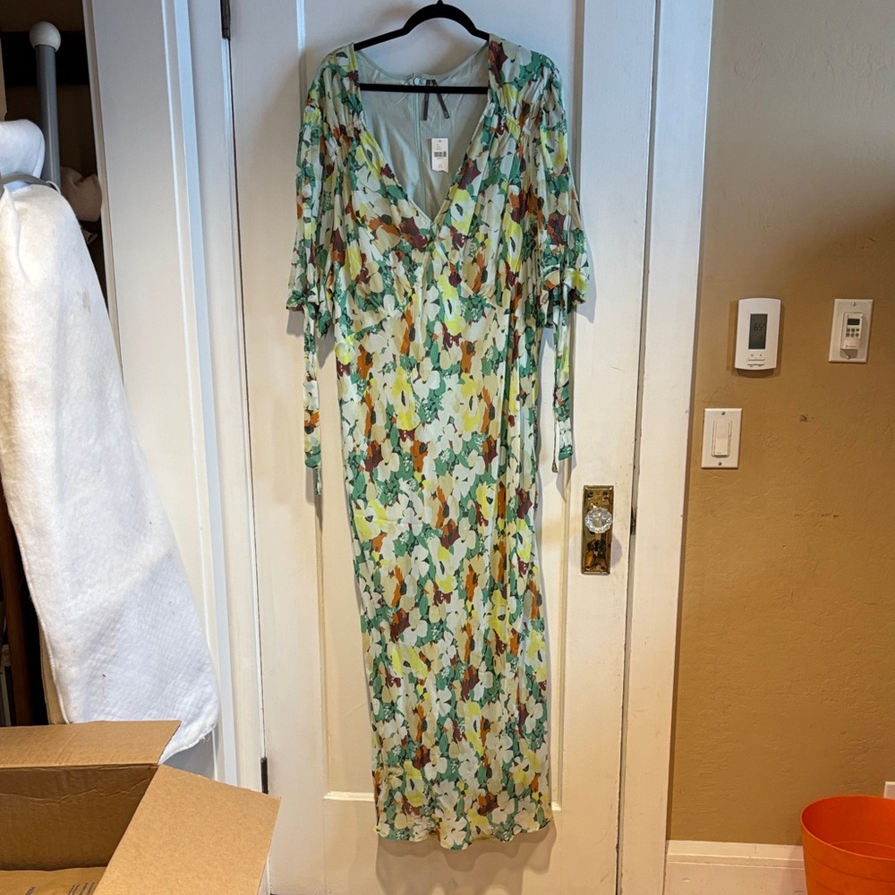 Anthropologie Green Multi Floral V‑Neck Maxi Dress